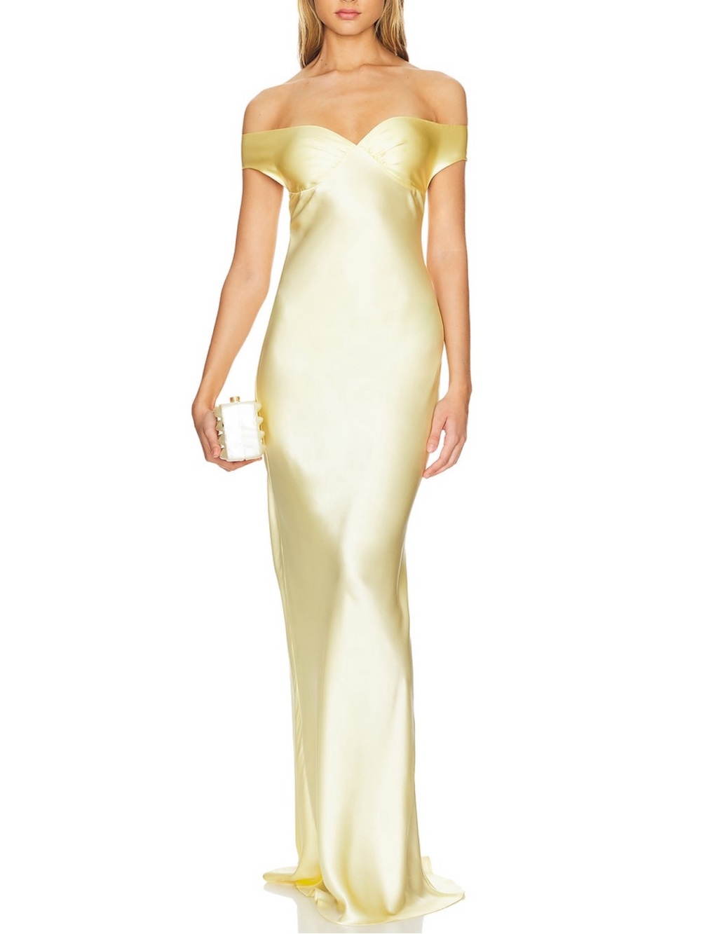 One-Shoulder Satin Evening Gown in Pale Yellow